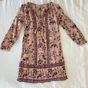 Lucky Brand Boho Floral Peasant‎ Dress Rose Long Sleeve Casual Chic Small